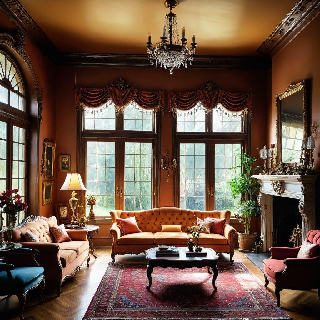 A collage showcasing a luxurious home interior filled with treasures from estate sales, including vintage furniture, elegant decor, and rare collectibles. The background depicts a contrast of a rundown house transforming into a stunning mansion, symbolizing the journey from foreclosure to fortune. Sunlight filters through large windows, illuminating the hidden gems. The overall mood is inspiring and hopeful. vibrant colors. super-realistic.