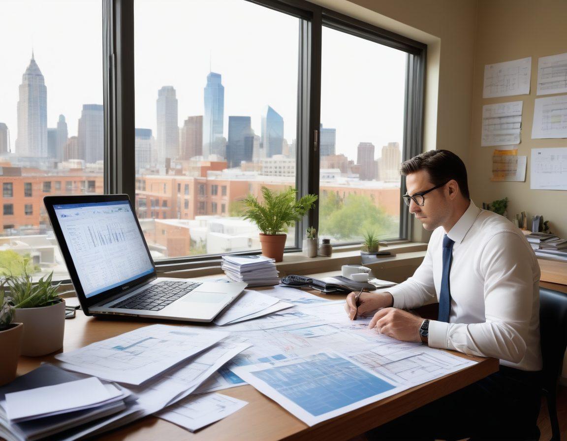 A savvy real estate investor analyzing blueprints and property listings at a cluttered desk filled with sale tags, calculators, and a laptop displaying graphs. In the background, a large window reveals a view of dynamic cityscapes with 'Sale' signs on various buildings. The atmosphere radiates determination and strategic planning. warm colors. modern art. high detail.
