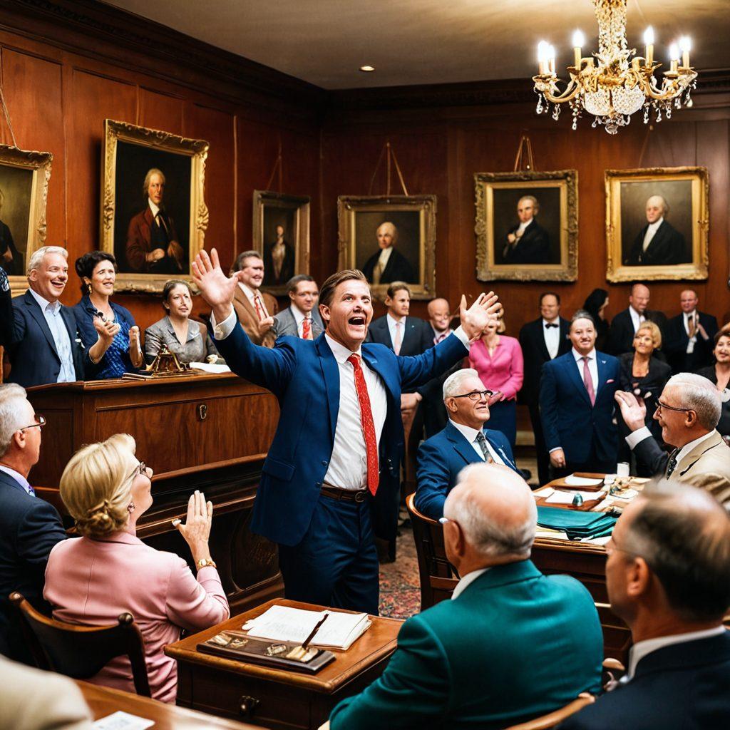 A striking visual of a lively estate auction scene with bidders actively raising paddles, surrounded by diverse items like vintage furniture, collectibles, and artworks. In the foreground, a confident auctioneer gestures passionately, while a crowd of intrigued participants showcases various emotions. The backdrop features an elegant auction house filled with rich textures and colors, emphasizing the excitement of discovering hidden treasures. minimalistic elements for focus. super-realistic. vibrant colors. dynamic composition.